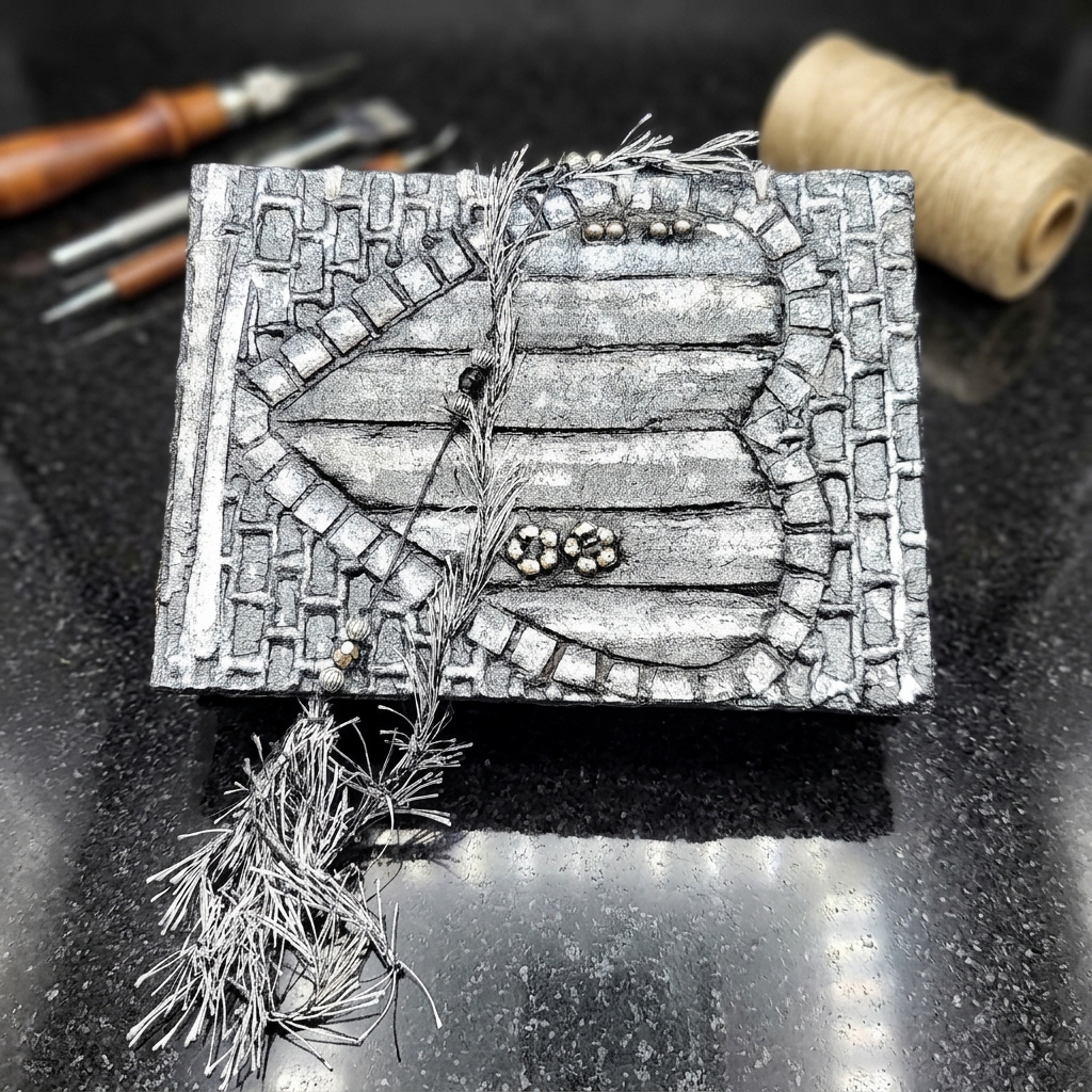 Czarno-srebrny notatnik handmade z fakturowaną okładką i motywem sercowych drzwi
