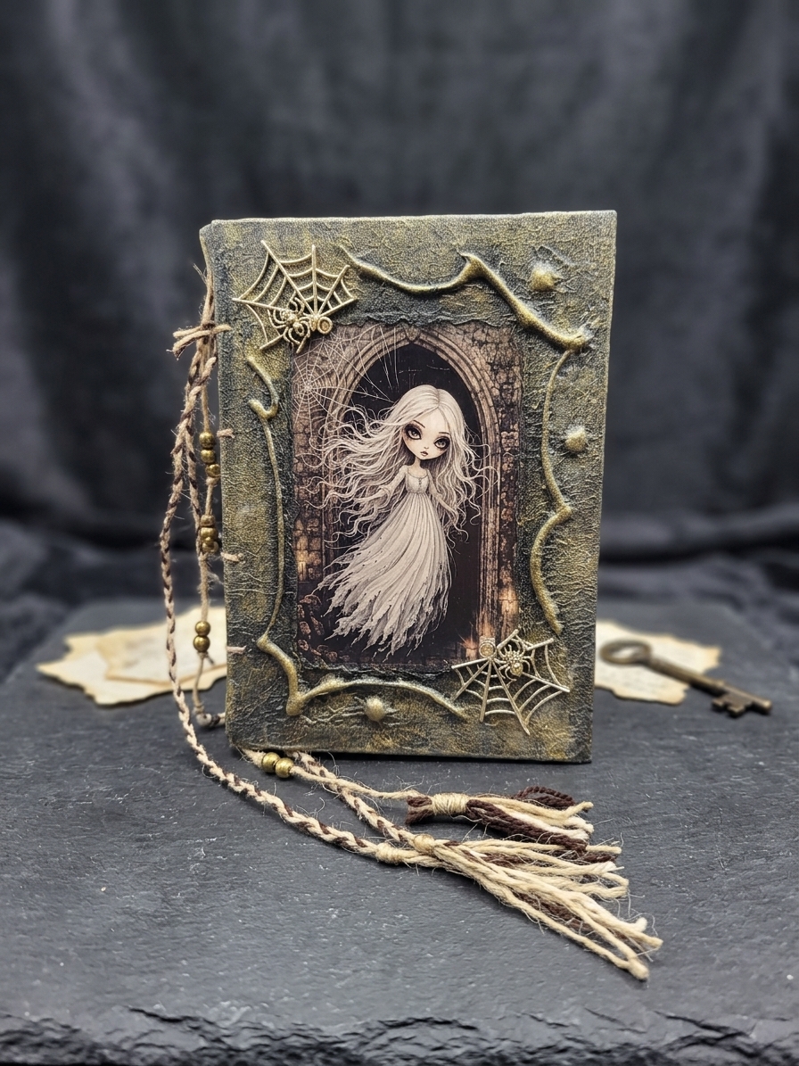 Notatnik handmade w klimacie halloween z ozdobną zakładką z koralikami